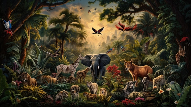 une peinture d'un animal sauvage et d'une jungle avec des animaux en arrière-plan.