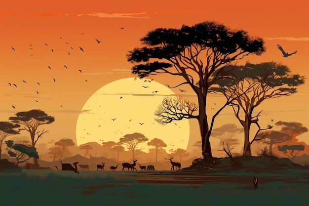 Une peinture d'animaux dans une forêt avec un coucher de soleil en arrière-plan.