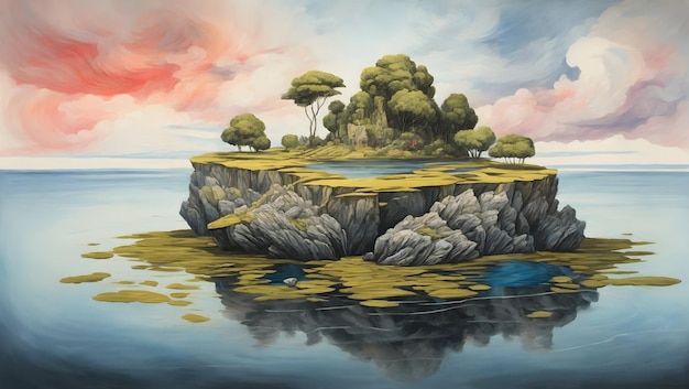 Une peinture animée et ensoleillée d'une petite île au milieu d'un lac tranquille.
