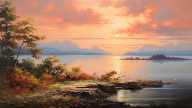 Peinture antique d’une rivière sereine au coucher du soleil