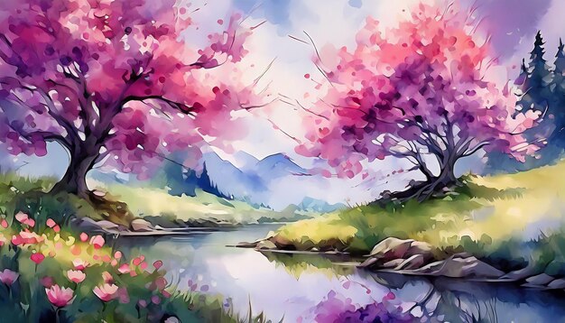 Peinture à l'aquarelle abstraite d'un paysage avec des arbres en fleurs roses et une rivière Paysage naturel de printemps