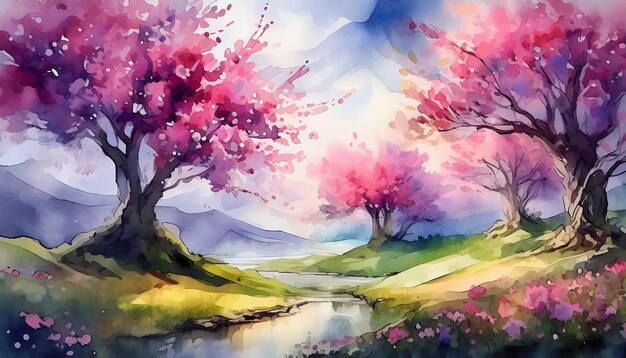 Peinture à l'aquarelle abstraite d'un paysage avec des arbres en fleurs roses et une rivière Paysage naturel de printemps