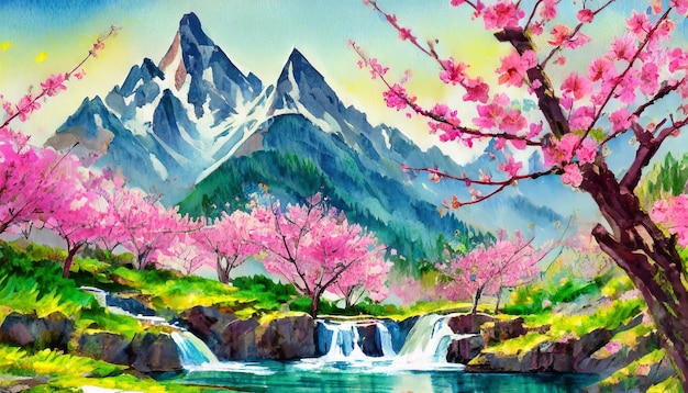 Peinture à l'aquarelle abstraite d'un paysage avec des montagnes, des chutes d'eau et des arbres en fleurs roses