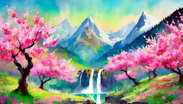 Peinture à l'aquarelle abstraite d'un paysage avec des montagnes, des chutes d'eau et des arbres en fleurs roses