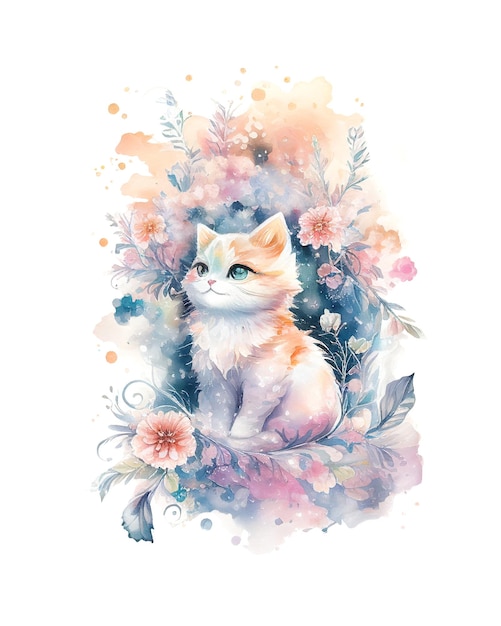 Photo peinture à l'aquarelle ou à l'aquarelle d'un chat ou d'un chaton mignon avec un fond fleuri