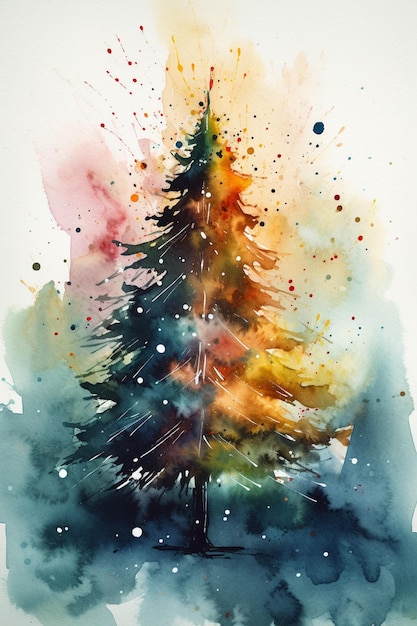 Peinture à l'aquarelle d'un arbre avec un arbre couvert de neige au premier plan.