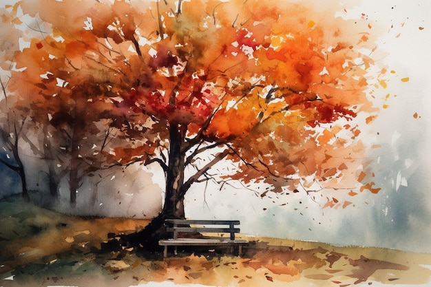 Peinture à l'aquarelle d'un arbre avec un banc dans le parc