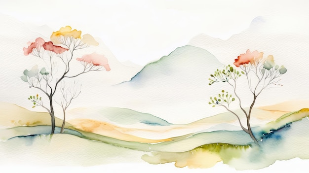 Peinture à l'aquarelle d'arbres et de montagnes