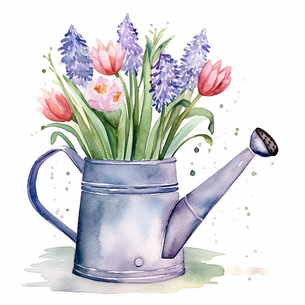 Une peinture à l'aquarelle d'un arrosoir avec des tulipes et des fleurs.