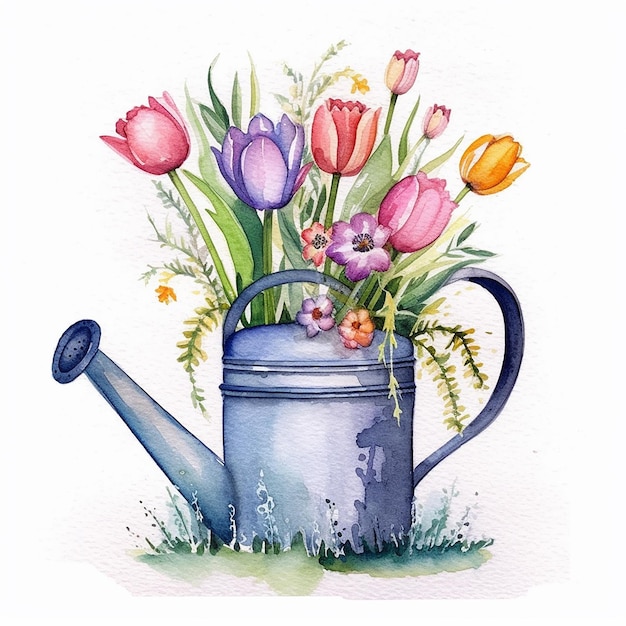 Une peinture à l'aquarelle d'un arrosoir avec des tulipes et des fleurs.