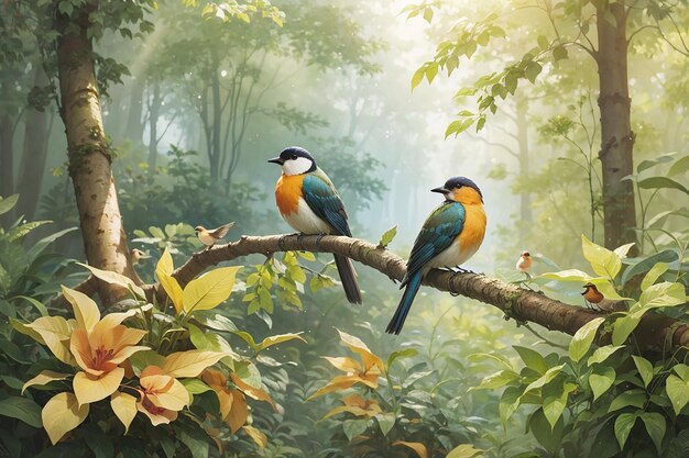 Peinture à l'aquarelle art numérique de haute qualité d'une forêt avec des oiseaux