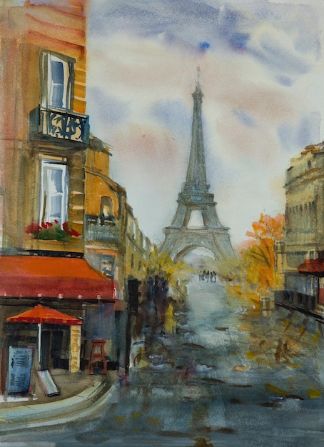 Peinture d'aquarelle d'art de Paris avec la tour Eifel et le café parisien