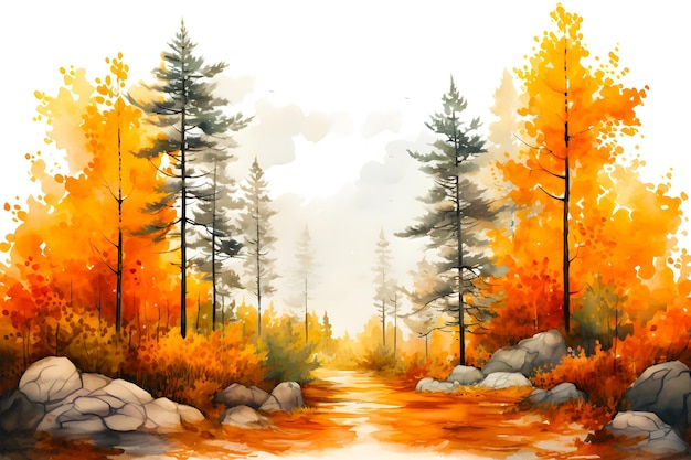 Peinture à l'aquarelle d'automne d'un paysage forestier à l'automne