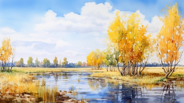 Peinture à l'aquarelle d'automne Paysages ruraux bleu ciel et jaune