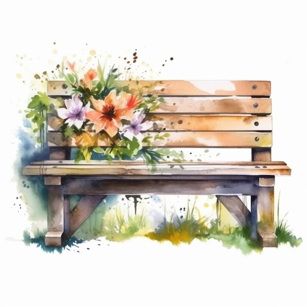 Peinture à l'aquarelle d'un banc en bois avec des fleurs.