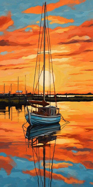 Photo peinture d'aquarelle de bateau dans l'orange et l'or