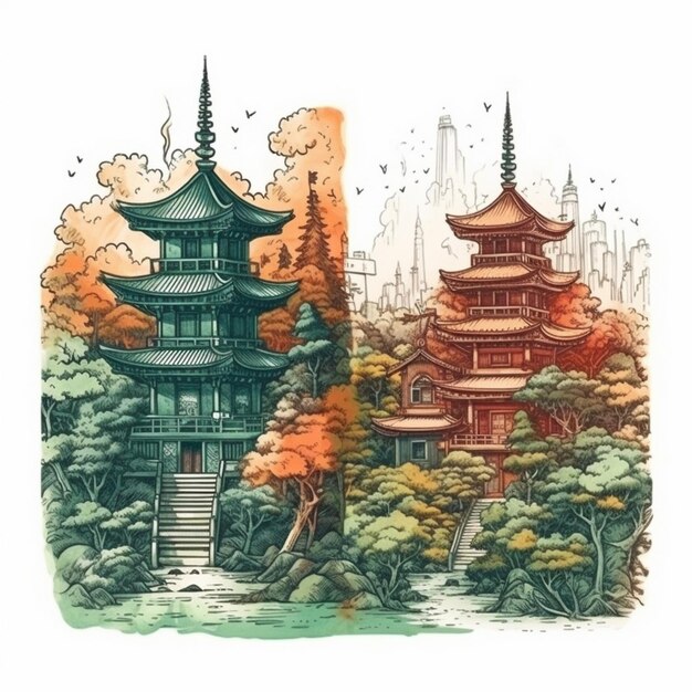 Peinture à l'aquarelle d'un beau temple