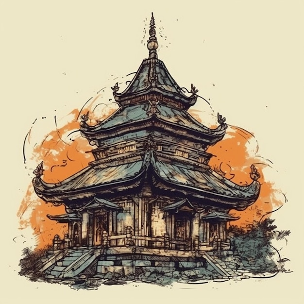 Peinture à l'aquarelle d'un beau temple