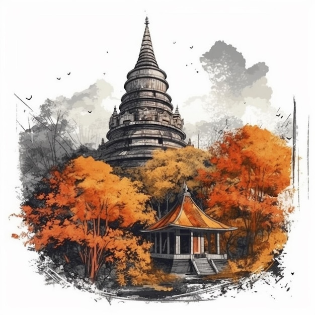 Peinture à l'aquarelle d'un beau temple