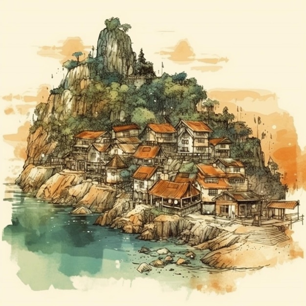 Peinture à l'aquarelle d'un beau village