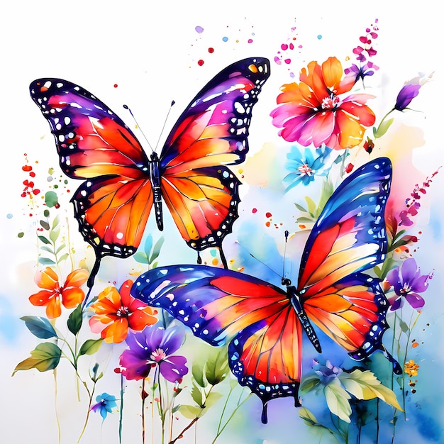 Peinture à l'aquarelle de beaux papillons et de fleurs colorés illustration