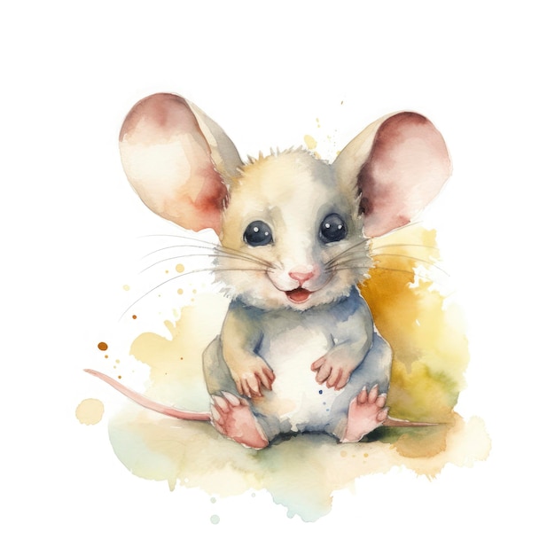 Peinture à l'aquarelle d'un bébé souris souriant aux couleurs douces comme dans un livre pour enfants sur fond blanc générat ai