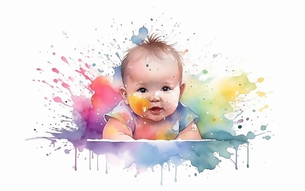 Photo peinture à l'aquarelle d'un bébé avec une touche de peinture colorée