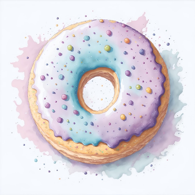 Une peinture à l'aquarelle d'un beignet avec un glaçage et des pépites violets et bleus.