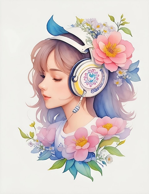 Peinture à l'aquarelle d'une belle fille avec un casque et une décoration florale