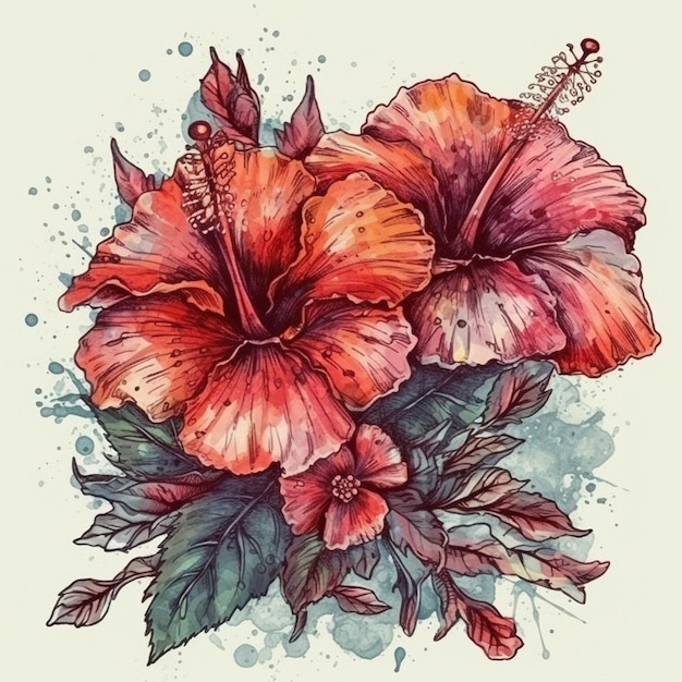 Peinture à l'aquarelle d'une belle fleur d'Hibiscus