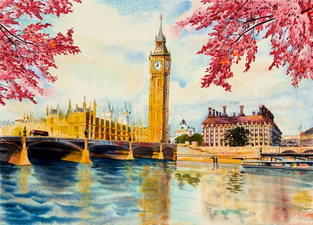 Peinture à l'aquarelle Big Ben Clock Tower et la Tamise