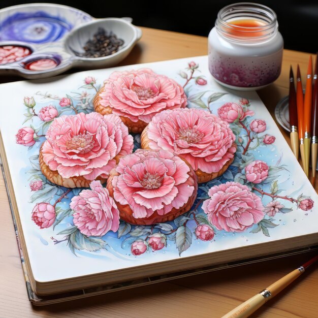 Peinture à l'aquarelle de biscuits couverts de roses roses et rouges