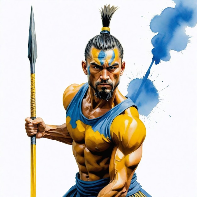 Peinture à l'aquarelle bleue et jaune d'un guerrier masculin musclé avec une coiffure à nœud supérieur