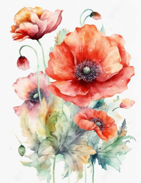 Une peinture à l'aquarelle d'un bouquet de fleurs avec des coquelicots rouges.