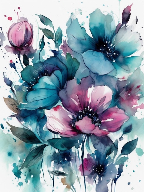 Peinture à l'aquarelle d'un bouquet de fleurs.