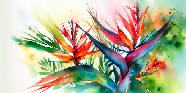 Peinture à l'aquarelle d'un bouquet tropical avec des feuilles de palmier et des fleurs exotiques Generative AI