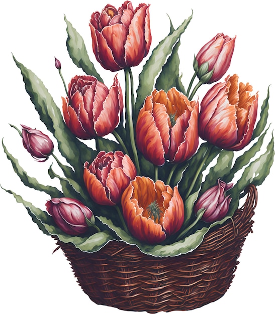 Peinture à l'aquarelle d'un bouquet de tulipes dans le panier