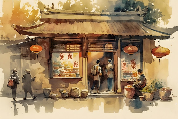 Peinture à l'aquarelle d'une boutique chinoise traditionnelle dans un quartier animé