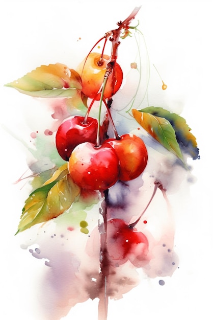 Peinture à l'aquarelle d'une branche avec des cerises