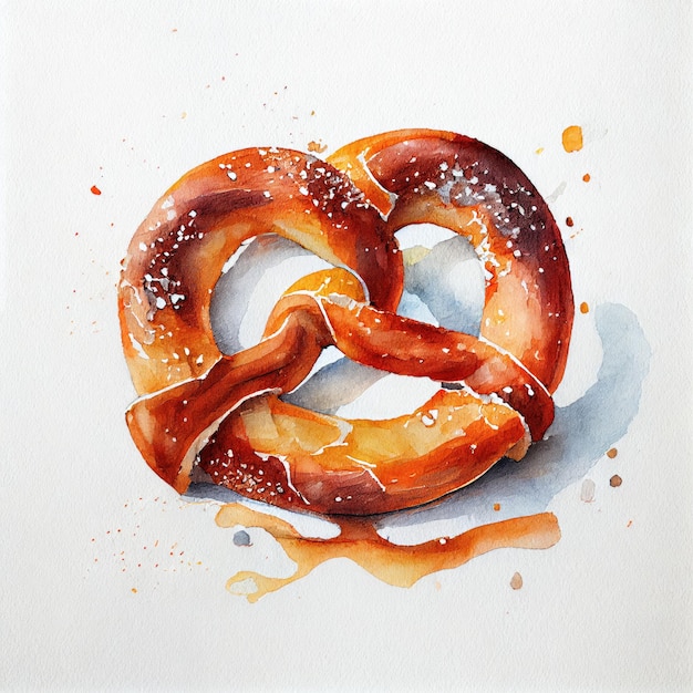 Une peinture à l'aquarelle d'un bretzel avec du sucre brun sur le dessus.