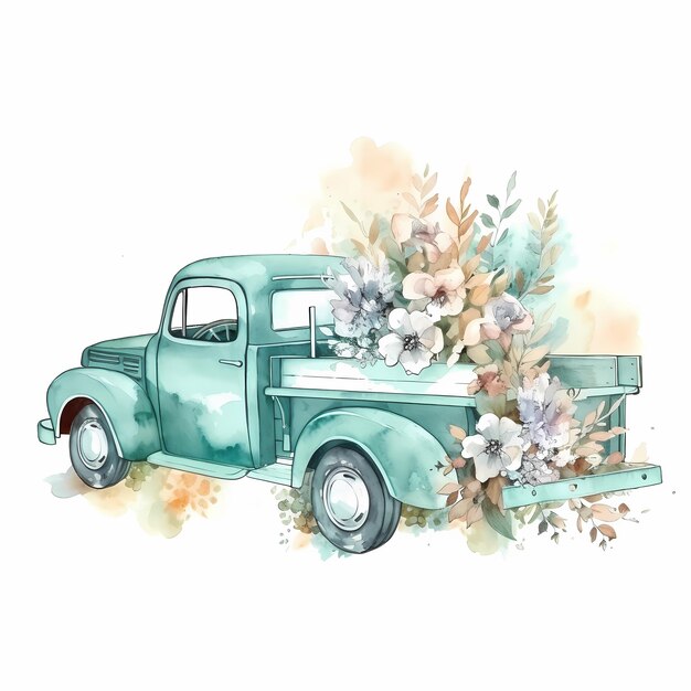 Une peinture à l'aquarelle d'un camion bleu avec des fleurs à l'arrière.