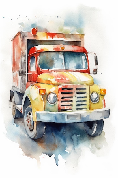 Peinture à l'aquarelle d'un camion rouge et jaune