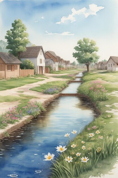 Peinture à l'aquarelle d'un canal d'irrigation avec de petites maisons