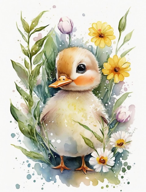 Peinture à l'aquarelle d'un canard avec des fleurs et un lutin