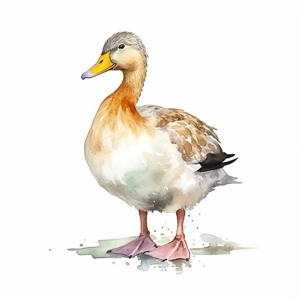 Peinture à l'aquarelle d'un canard à tête grise et bec orange.