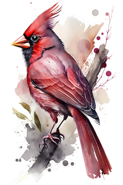 Une peinture à l'aquarelle d'un cardinal avec une tête rouge et des plumes rouges.
