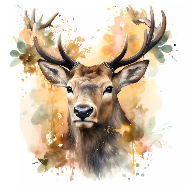 Une peinture à l'aquarelle d'un cerf avec des bois et un fond marron.