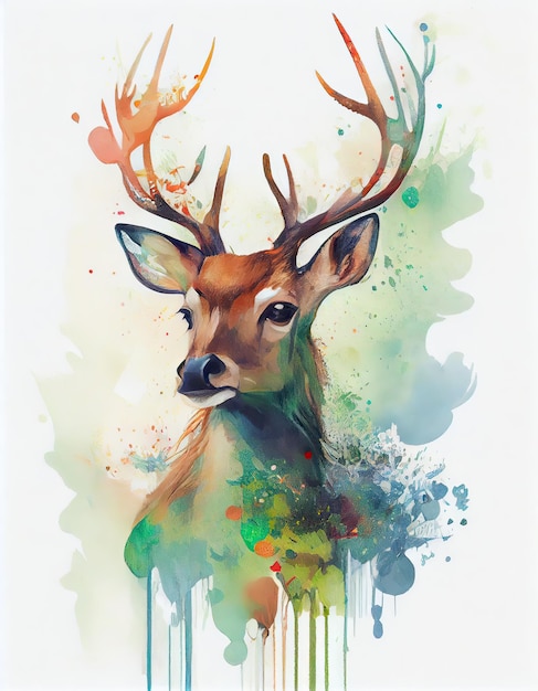 Une peinture à l'aquarelle d'un cerf avec des bois et un gros bois.