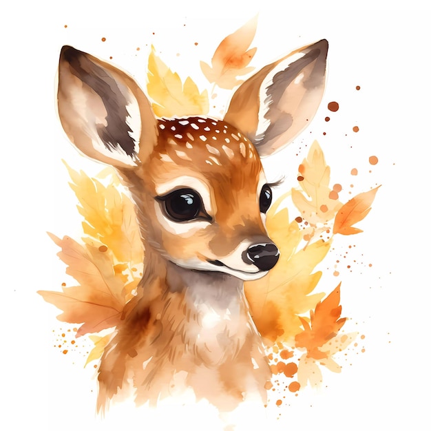 Peinture à l'aquarelle d'un cerf avec des feuilles d'automne