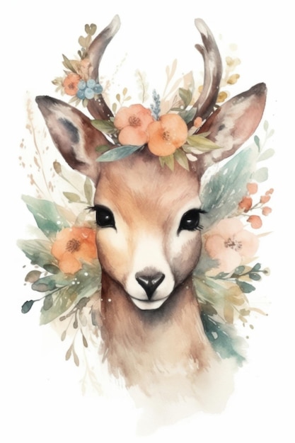 Peinture à l'aquarelle d'un cerf avec des fleurs